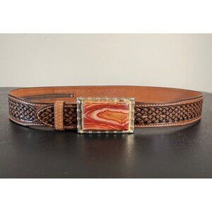 Textan Woven Brown Leather Belt Agate Rectangle Belt Buckle Bamboo Border Sz 36